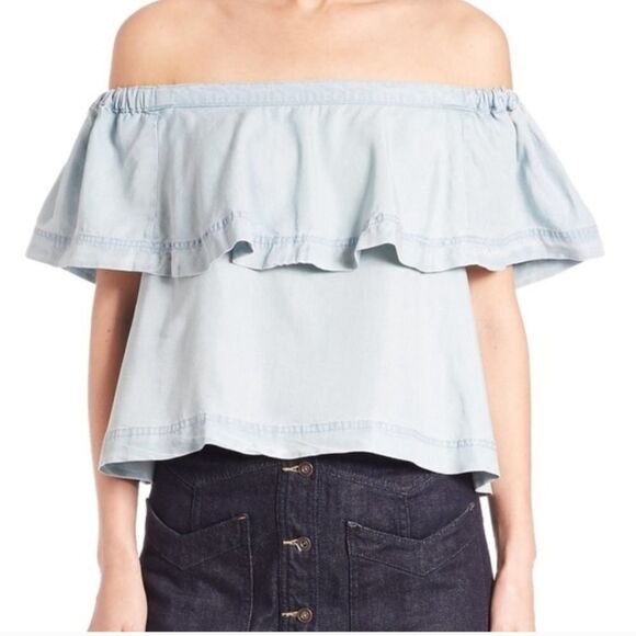 Free People Light Blue Chambray  Denim Crop Tank Off Shoulder Ruffle Top Small - Picture 2 of 16